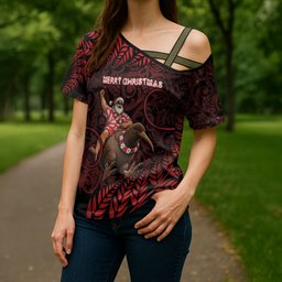 New Zealand Christmas Cross Shoulder Shirt Red Santa Riding Kiwi Bird Silver Fern