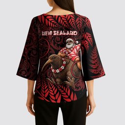New Zealand Christmas Kimono Sleeve Blouse Red Santa Riding Kiwi Bird Silver Fern