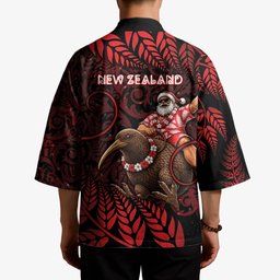 New Zealand Christmas Kimono Red Santa Riding Kiwi Bird Silver Fern