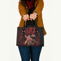 New Zealand Christmas Leather Bag Red Santa Riding Kiwi Bird Silver Fern