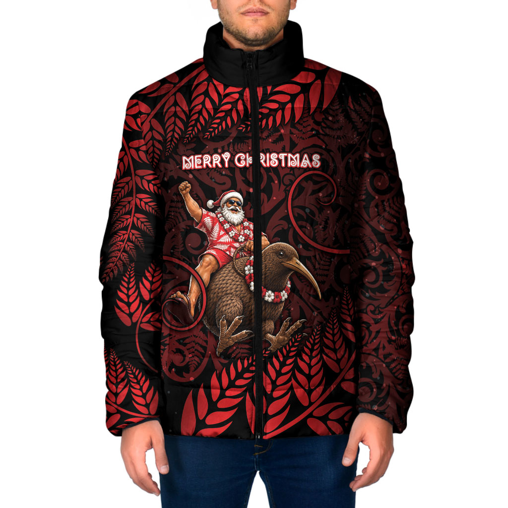 New Zealand Christmas Padded Jacket Red Santa Riding Kiwi Bird Silver Fern