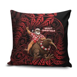 New Zealand Christmas Pillow Cover Red Santa Riding Kiwi Bird Silver Fern