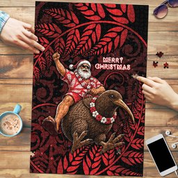 New Zealand Christmas Puzzle Red Santa Riding Kiwi Bird Silver Fern