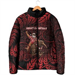 New Zealand Christmas Padded Jacket Red Santa Riding Kiwi Bird Silver Fern