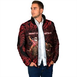 New Zealand Christmas Padded Jacket Red Santa Riding Kiwi Bird Silver Fern
