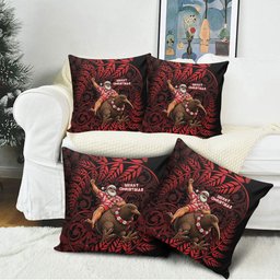 New Zealand Christmas Pillow Cover Red Santa Riding Kiwi Bird Silver Fern