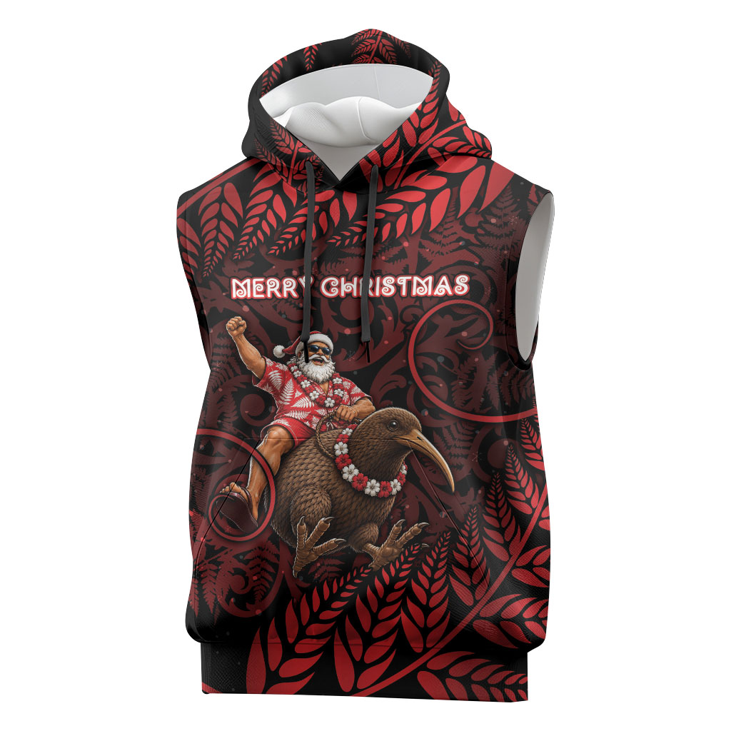 New Zealand Christmas Sleeveless Hoodie Red Santa Riding Kiwi Bird Silver Fern