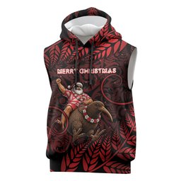 New Zealand Christmas Sleeveless Hoodie Red Santa Riding Kiwi Bird Silver Fern