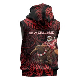New Zealand Christmas Sleeveless Hoodie Red Santa Riding Kiwi Bird Silver Fern