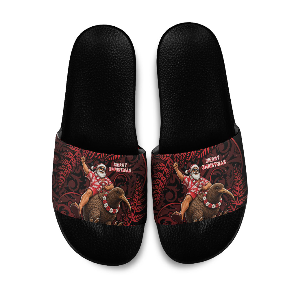 New Zealand Christmas Slide Sandals Red Santa Riding Kiwi Bird Silver Fern