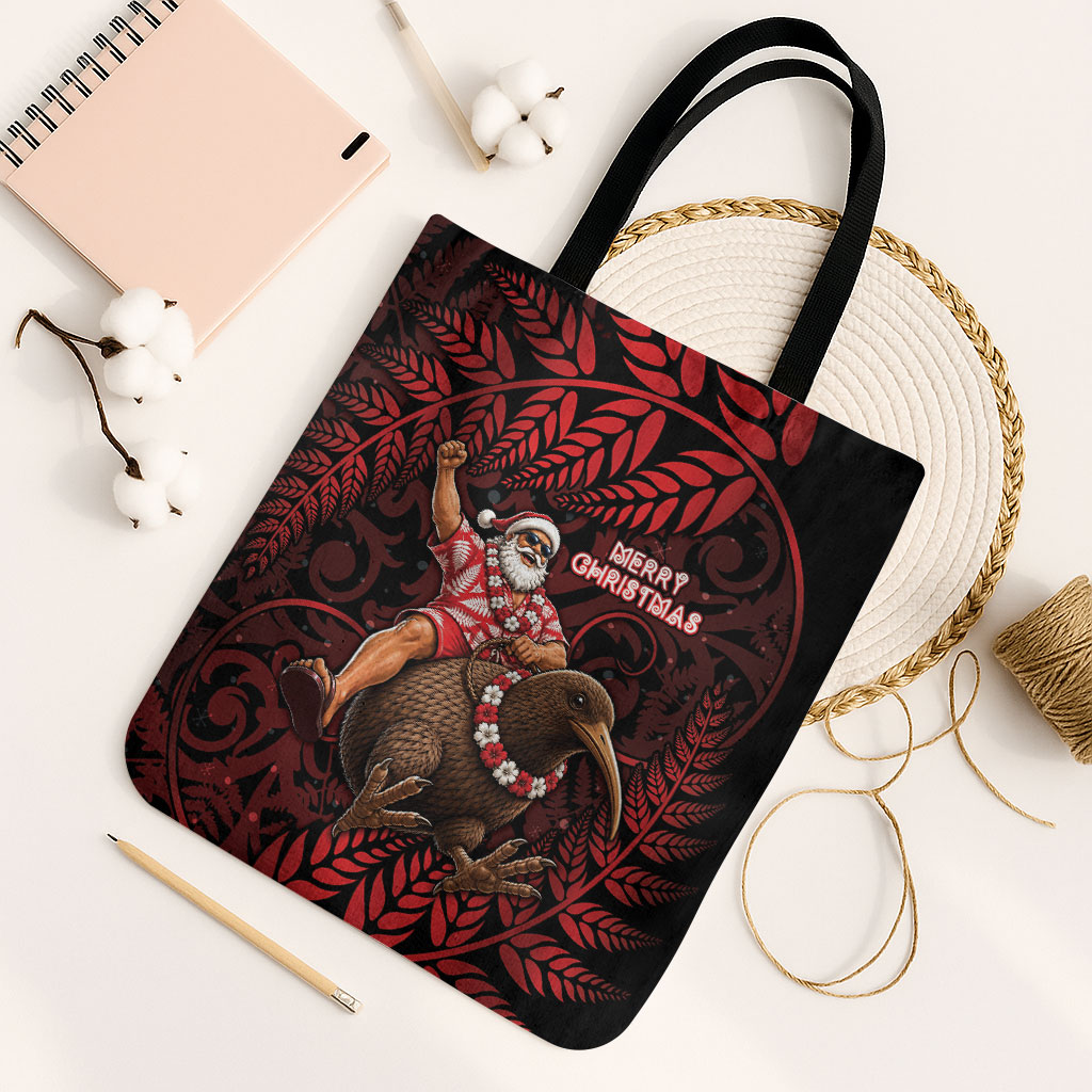 New Zealand Christmas Tote Bag Red Santa Riding Kiwi Bird Silver Fern