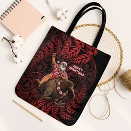 New Zealand Christmas Tote Bag Red Santa Riding Kiwi Bird Silver Fern