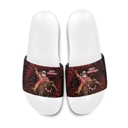 New Zealand Christmas Slide Sandals Red Santa Riding Kiwi Bird Silver Fern