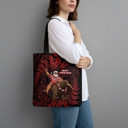 New Zealand Christmas Tote Bag Red Santa Riding Kiwi Bird Silver Fern
