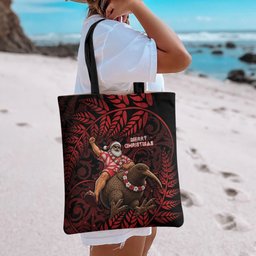 New Zealand Christmas Tote Bag Red Santa Riding Kiwi Bird Silver Fern