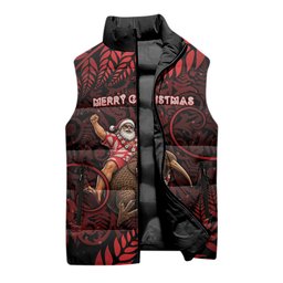 New Zealand Christmas Sleeveless Puffer Jacket Red Santa Riding Kiwi Bird Silver Fern