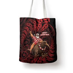 New Zealand Christmas Tote Bag Red Santa Riding Kiwi Bird Silver Fern