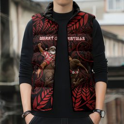 New Zealand Christmas Sleeveless Puffer Jacket Red Santa Riding Kiwi Bird Silver Fern