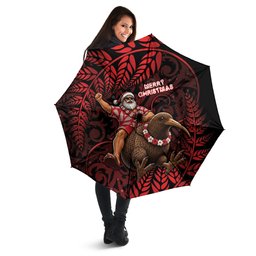 New Zealand Christmas Umbrella Red Santa Riding Kiwi Bird Silver Fern