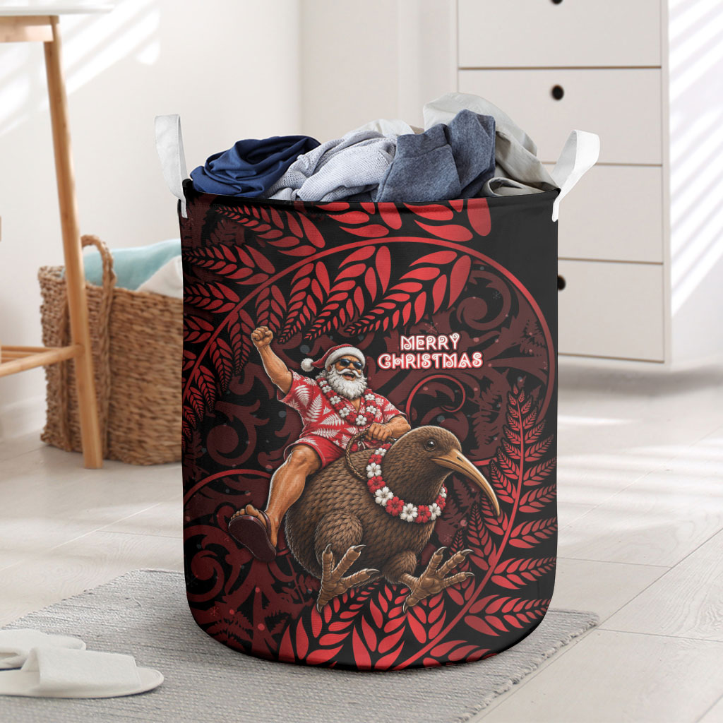 New Zealand Christmas Laundry Basket Red Santa Riding Kiwi Bird Silver Fern