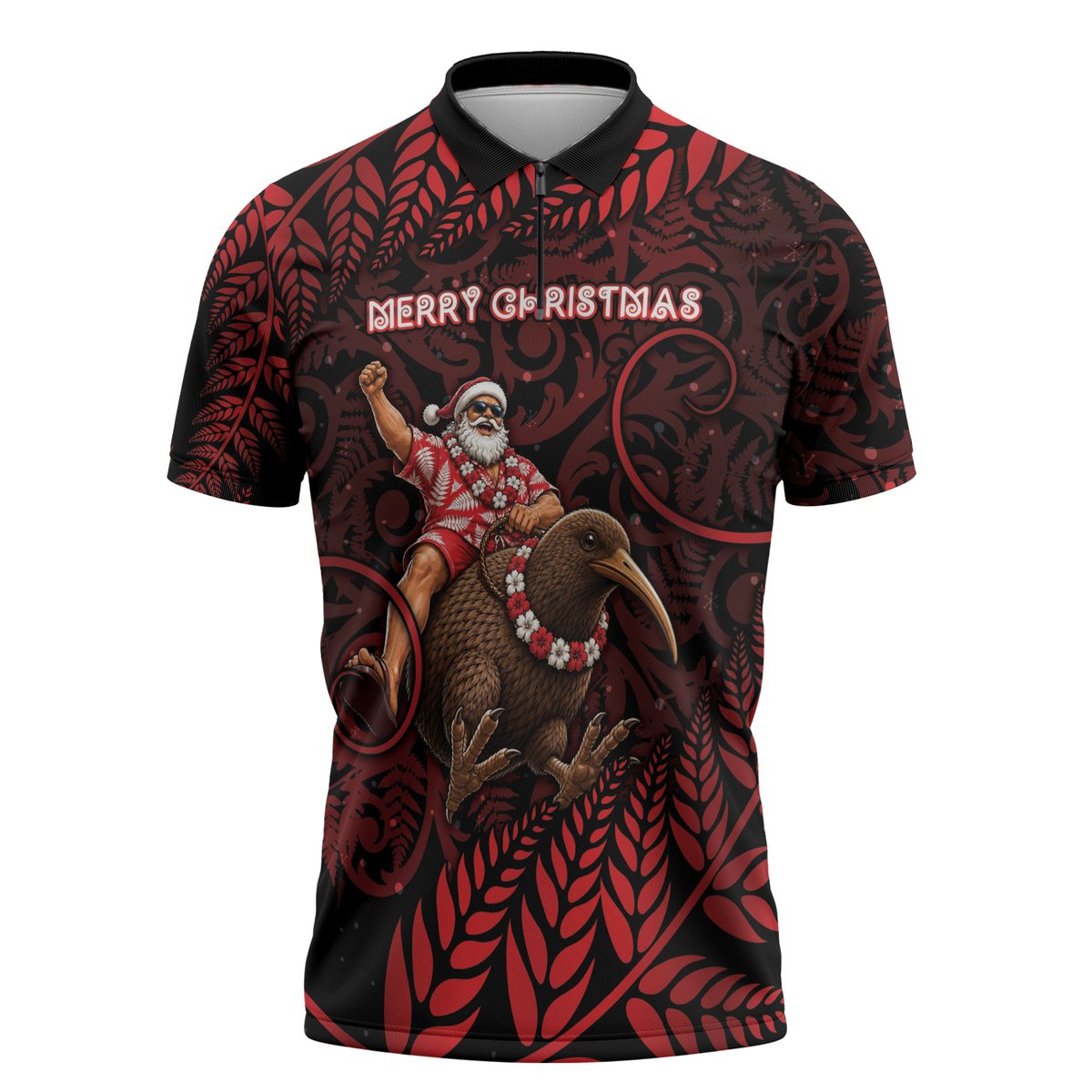 New Zealand Christmas Zipper Polo Shirt Red Santa Riding Kiwi Bird Silver Fern