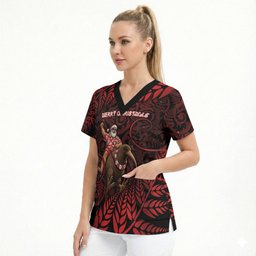 New Zealand Christmas Scrub Top Red Santa Riding Kiwi Bird Silver Fern
