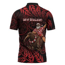 New Zealand Christmas Zipper Polo Shirt Red Santa Riding Kiwi Bird Silver Fern
