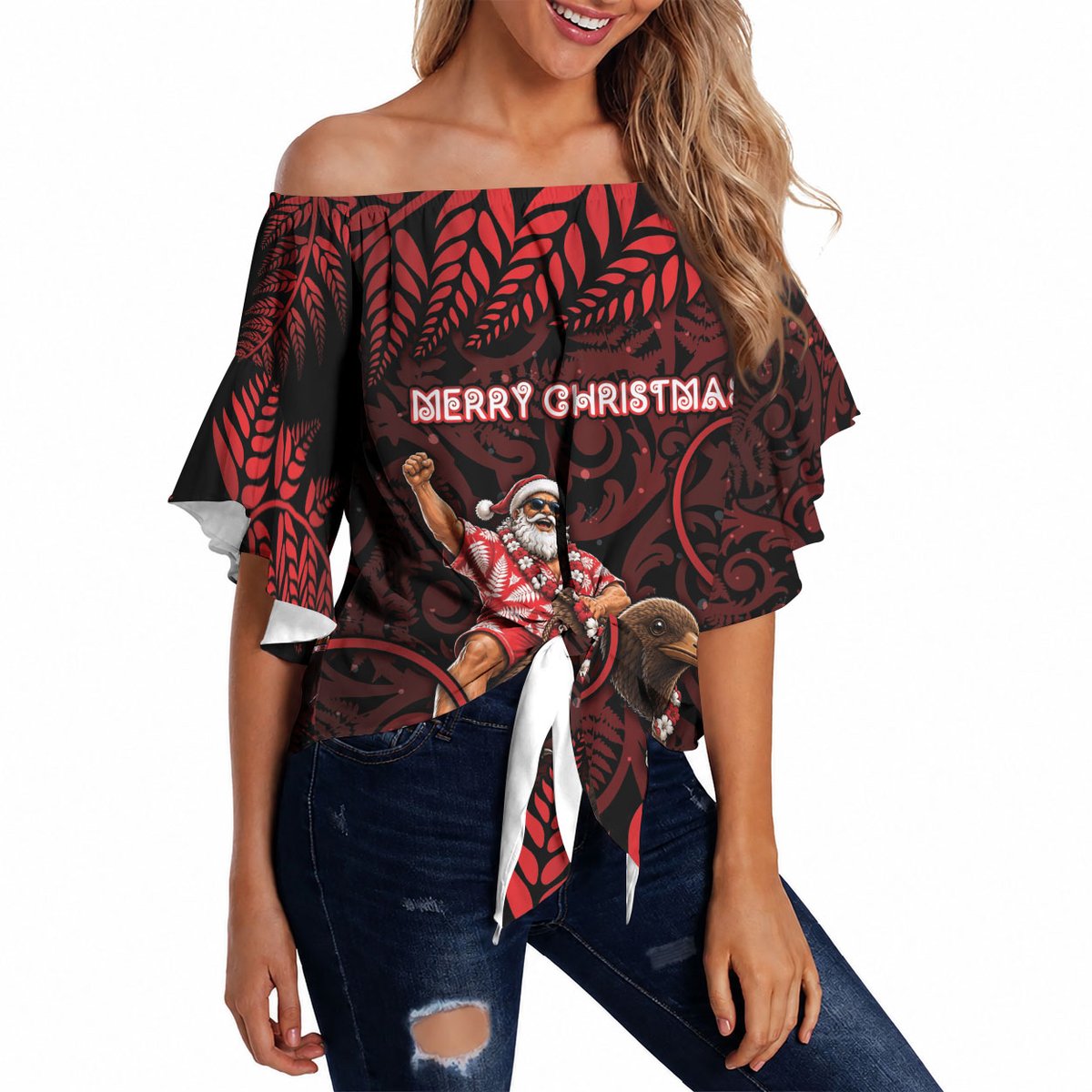 New Zealand Christmas Off Shoulder Wrap Waist Top Red Santa Riding Kiwi Bird Silver Fern