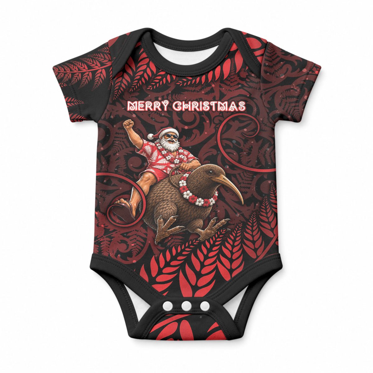 New Zealand Christmas Baby Onesie Red Santa Riding Kiwi Bird Silver Fern