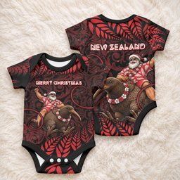 New Zealand Christmas Baby Onesie Red Santa Riding Kiwi Bird Silver Fern