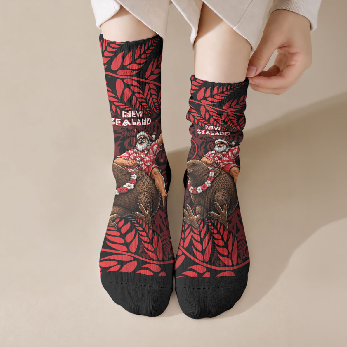 New Zealand Christmas Crew Socks Red Santa Riding Kiwi Bird Silver Fern