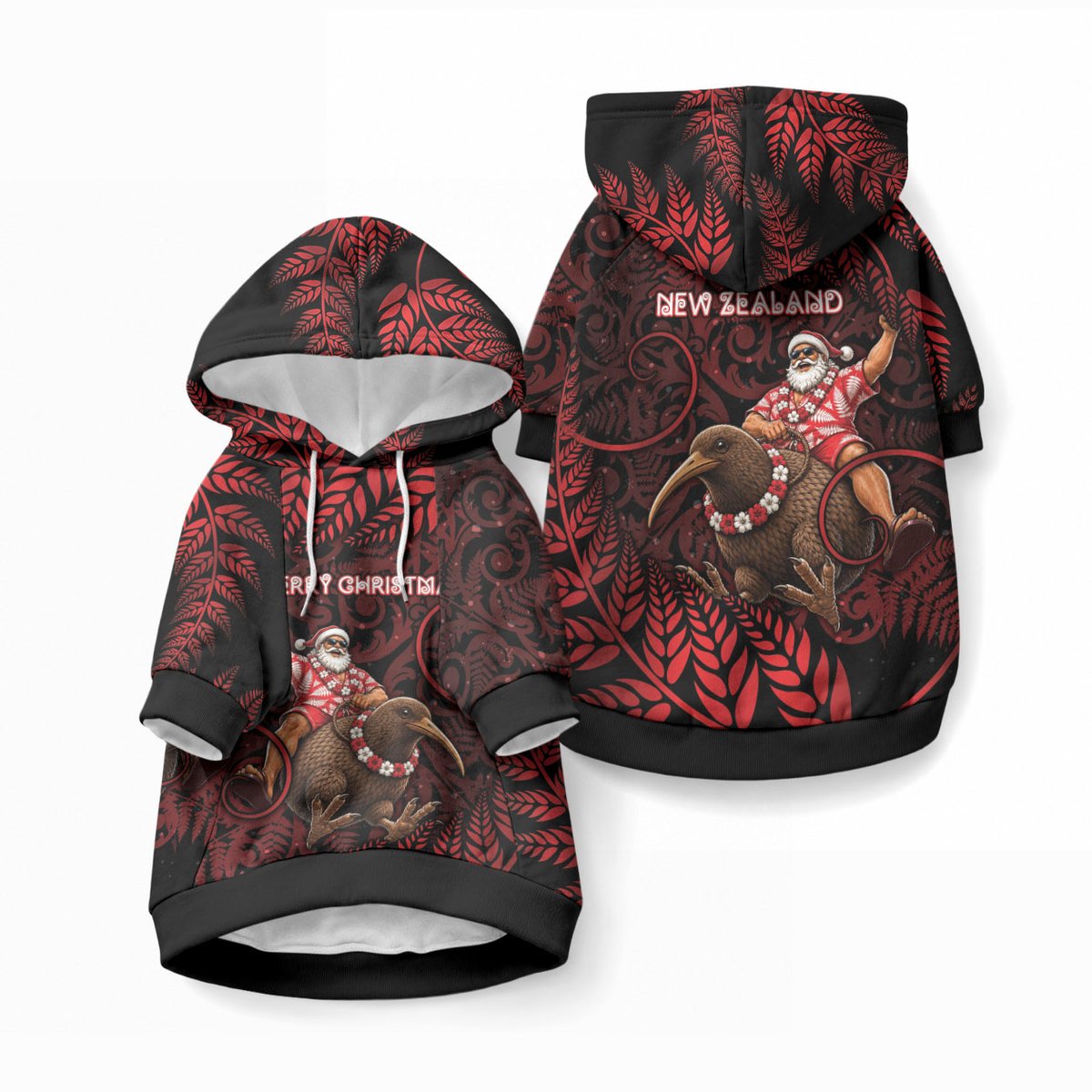 New Zealand Christmas Pet Hoodie Red Santa Riding Kiwi Bird Silver Fern