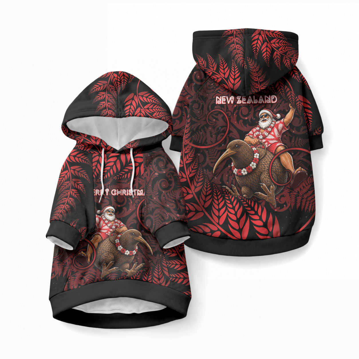 New Zealand Christmas Pet Hoodie Red Santa Riding Kiwi Bird Silver Fern