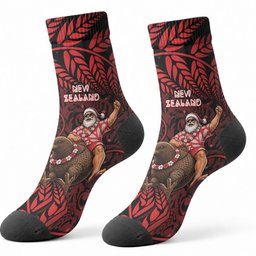 New Zealand Christmas Crew Socks Red Santa Riding Kiwi Bird Silver Fern