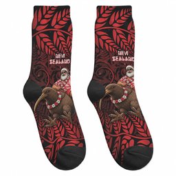 New Zealand Christmas Crew Socks Red Santa Riding Kiwi Bird Silver Fern