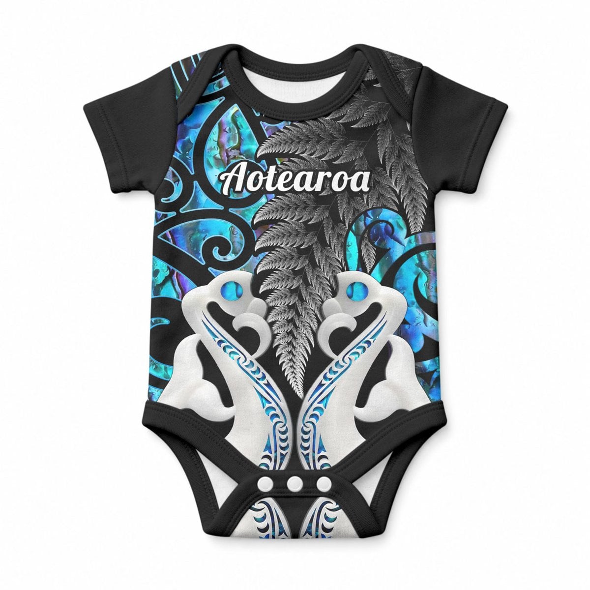 Personalised New Zealand Baby Onesie Te Manaia Mangopare Maori And Fern Blue Style