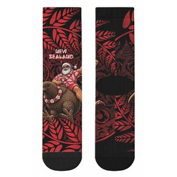 New Zealand Christmas Crew Socks Red Santa Riding Kiwi Bird Silver Fern