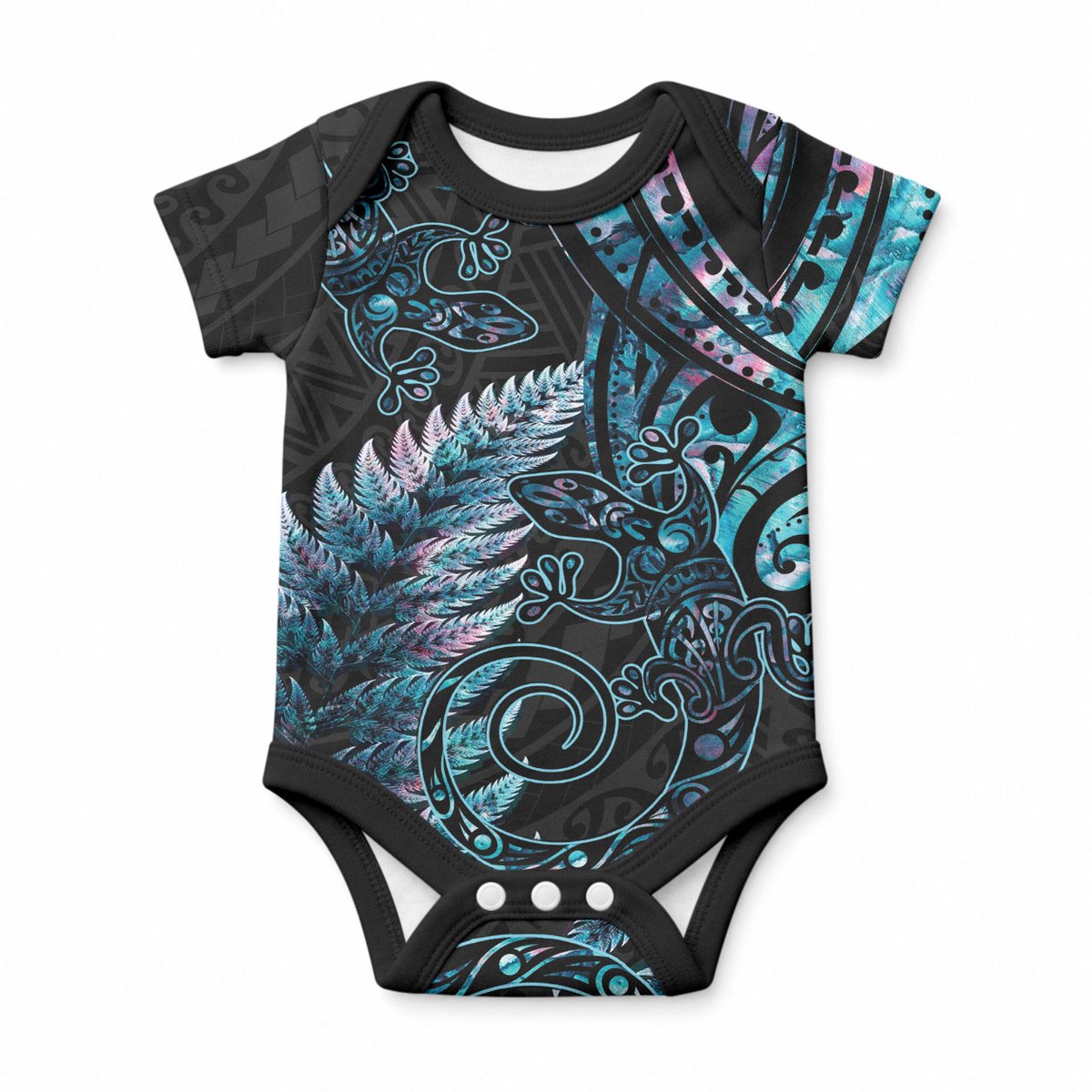 New Zealand Lizard Baby Onesie Silver Fern Aotearoa Maori With Paua Shell