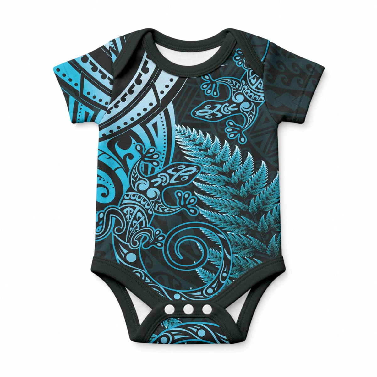 New Zealand Lizard Baby Onesie Silver Fern Aotearoa Maori Blue Version