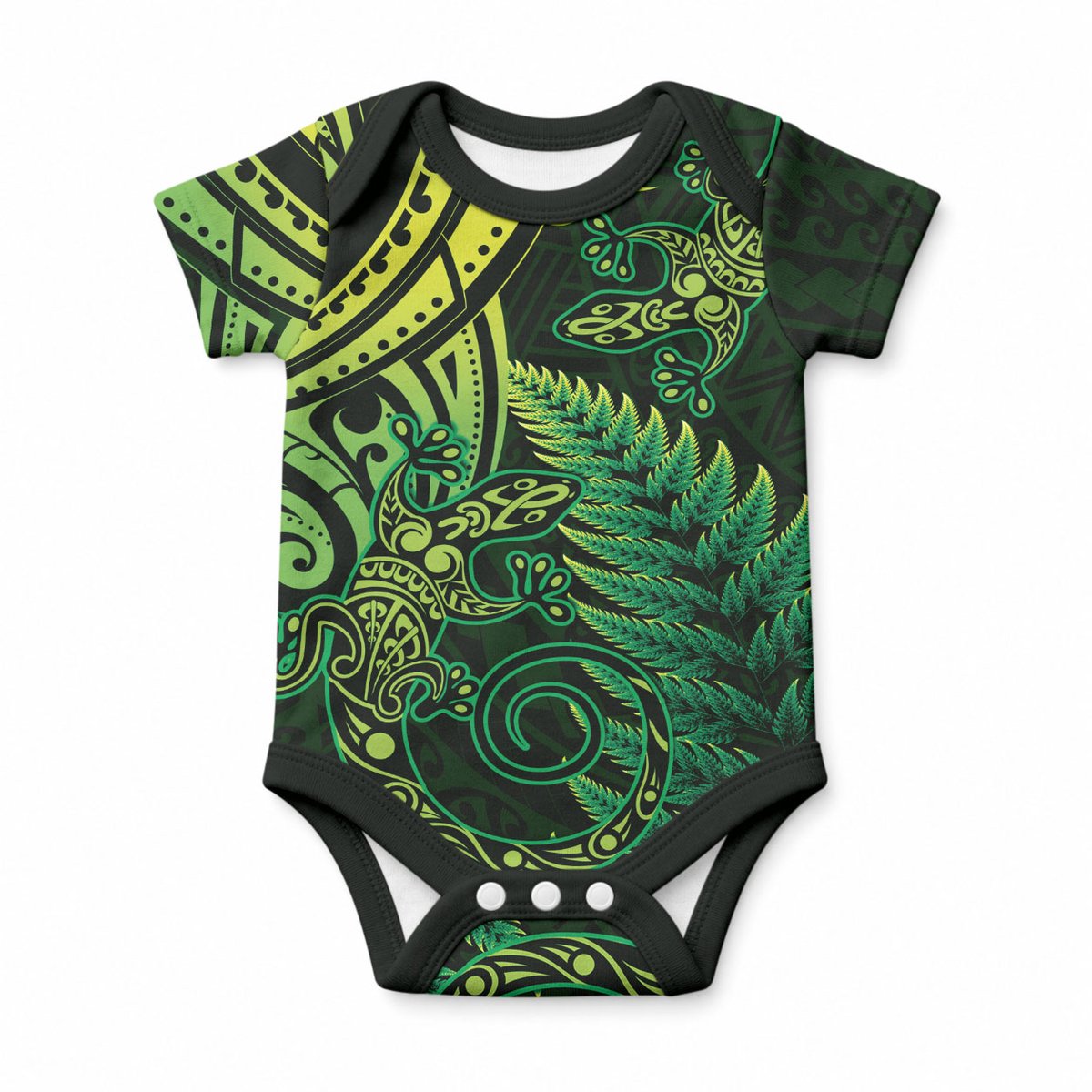 New Zealand Lizard Baby Onesie Silver Fern Aotearoa Maori Green Version