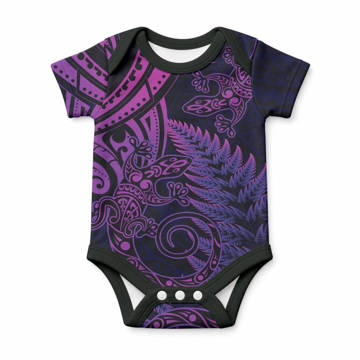 New Zealand Lizard Baby Onesie Silver Fern Aotearoa Maori Purple Version