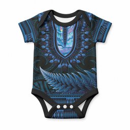 Blue African Dashiki With Aotearoa Maori Baby Onesie Paua Shell Mix Silver Fern