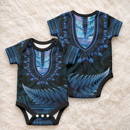 Blue African Dashiki With Aotearoa Maori Baby Onesie Paua Shell Mix Silver Fern