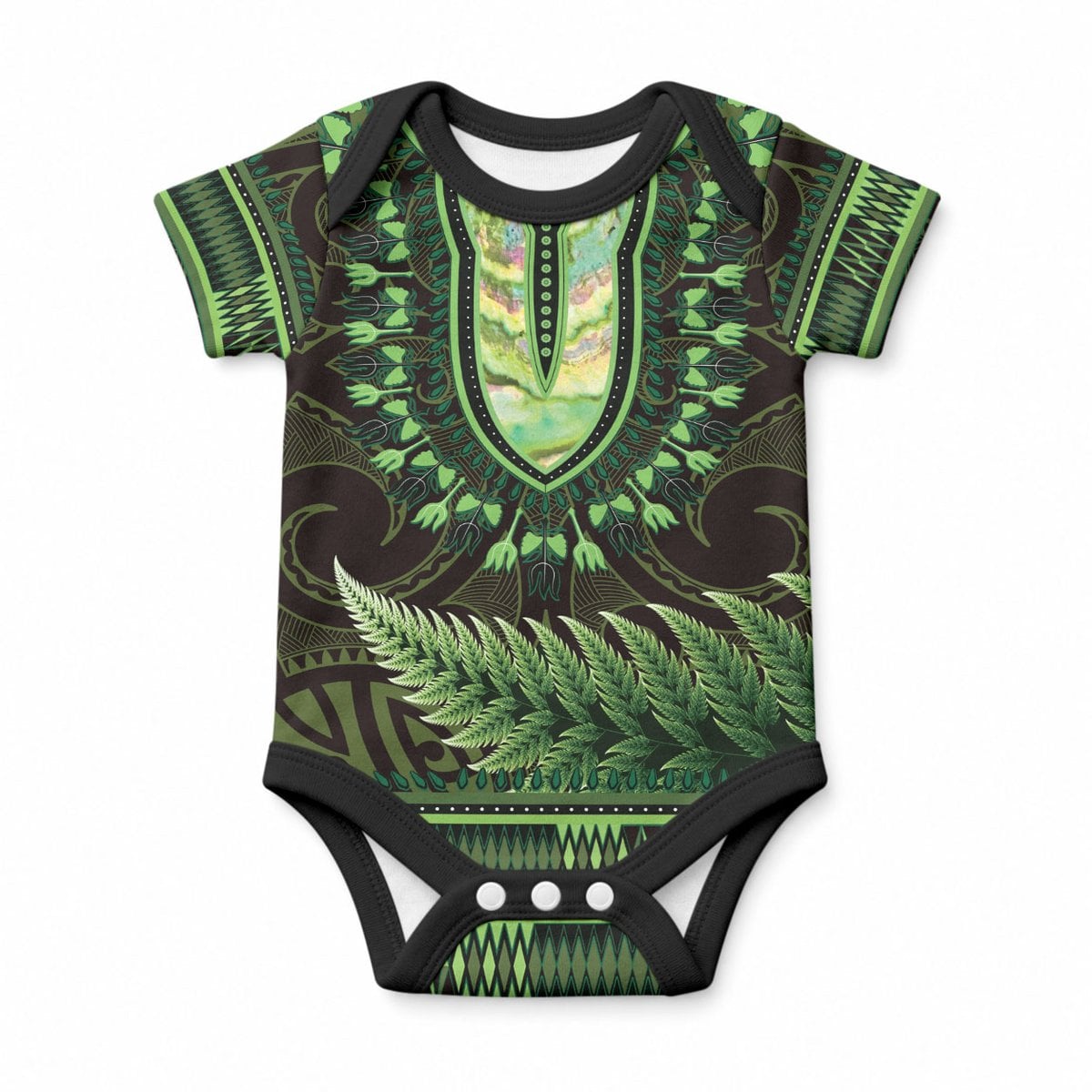 Lime Green African Dashiki With Aotearoa Maori Baby Onesie Paua Shell Mix Silver Fern