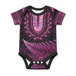 Pink African Dashiki With Aotearoa Maori Baby Onesie Paua Shell Mix Silver Fern