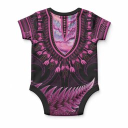 Pink African Dashiki With Aotearoa Maori Baby Onesie Paua Shell Mix Silver Fern