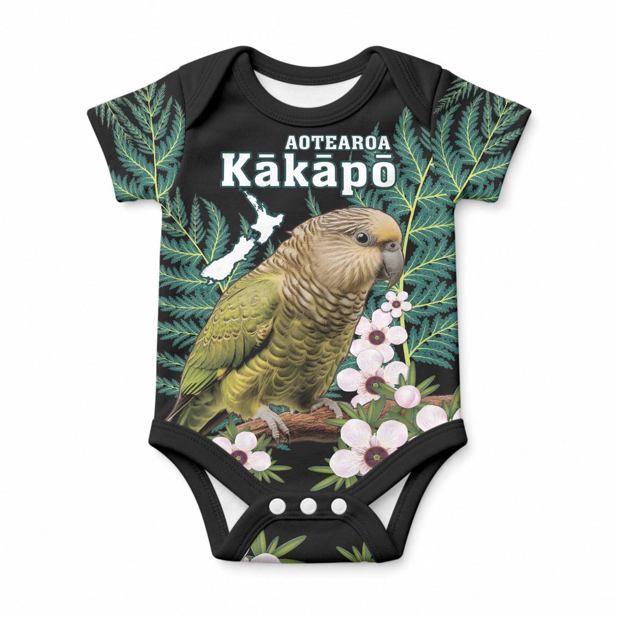 Personalised New Zealand Kakapo Baby Onesie Aotearoa Fern With Manuka