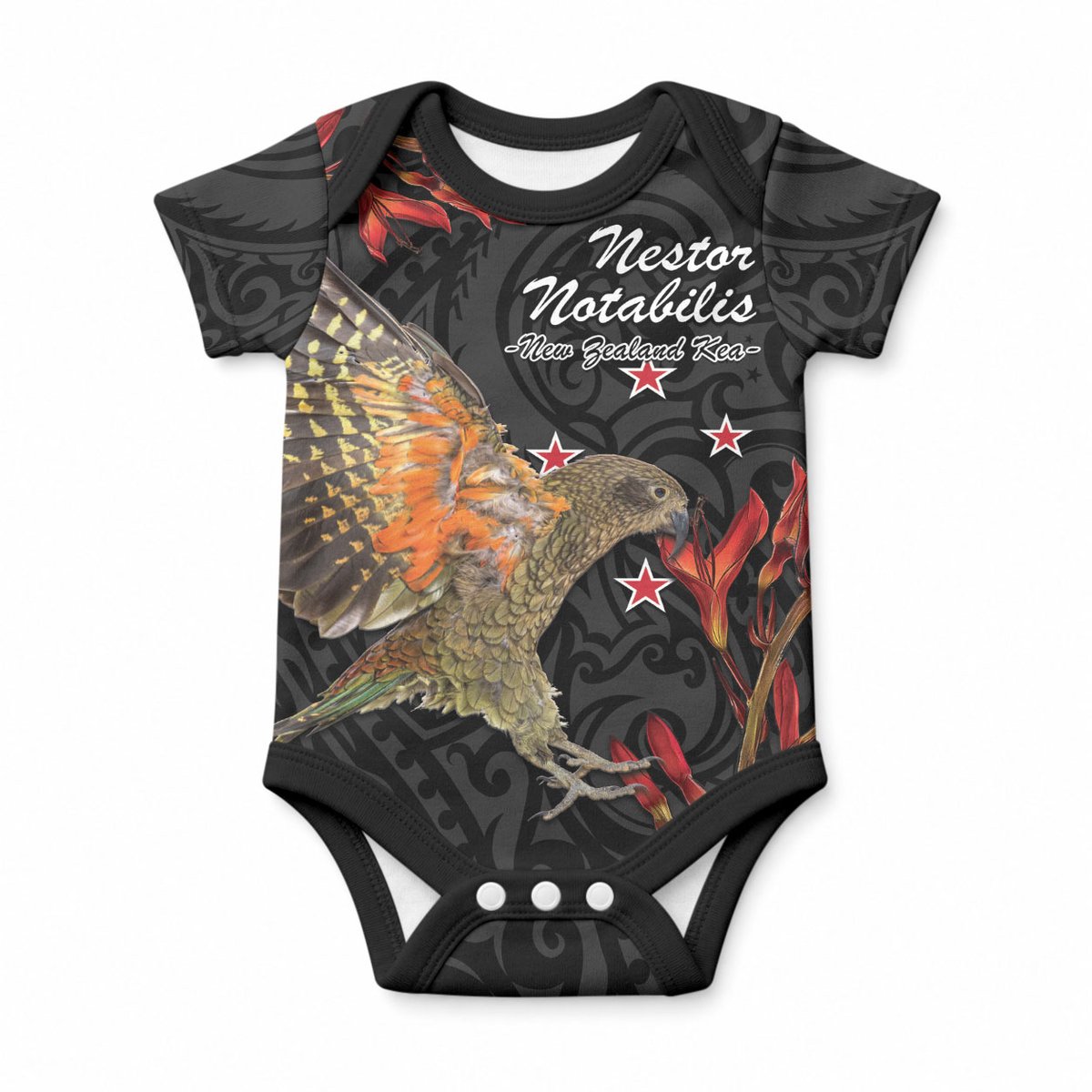 Personalised New Zealand Kea Baby Onesie Nestor Notabilis With Harakeke Maori Pattern