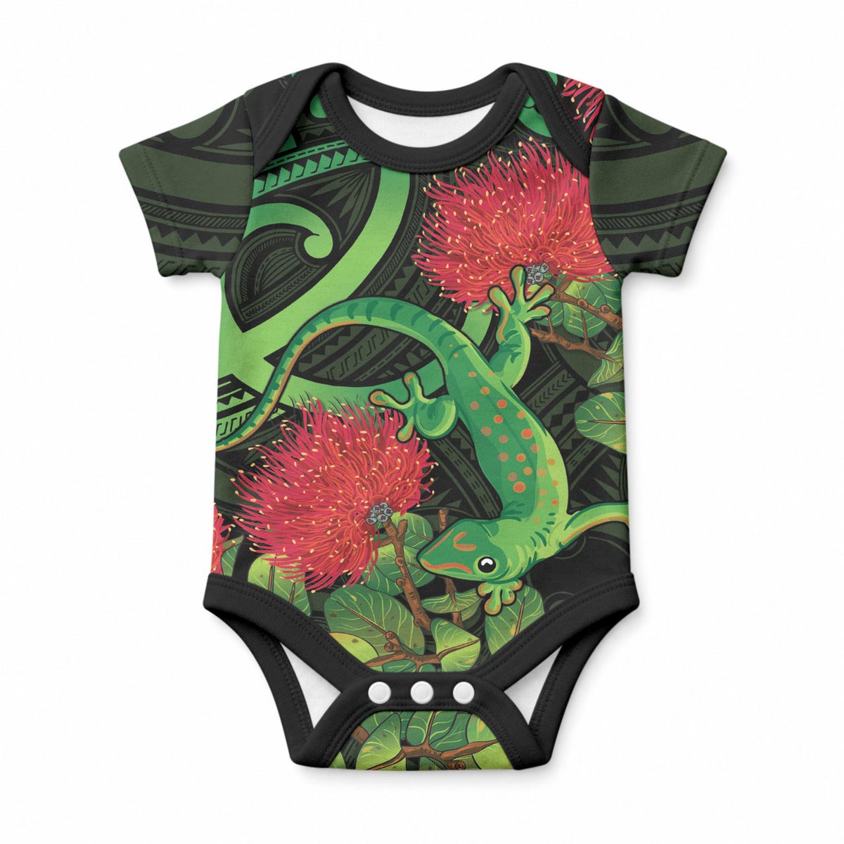 New Zealand Gecko Baby Onesie Aotearoa Maori With Pohutukawa Flowers