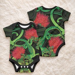 New Zealand Gecko Baby Onesie Aotearoa Maori With Pohutukawa Flowers